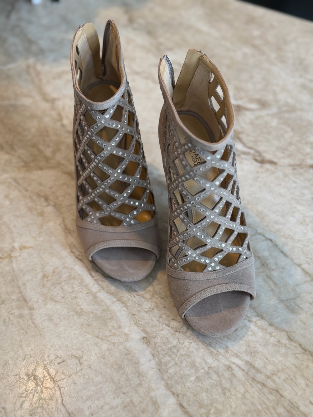 Michael Kors Beige Lattice Cutout Studded Peep-Toe Heels